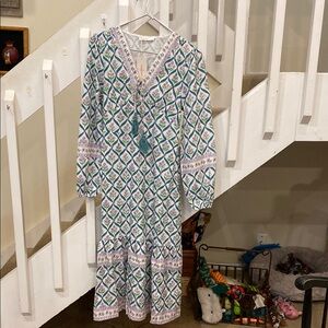 White and Blue Ruffled Tiered Sundress with Bishop Sleeves